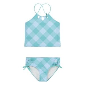 NWT Hurley Girls Tankini 2 Piece Swimsuit Teal Gingham Check High Neck Size 10